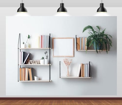 7x5ft Fabric Bookshelf Backdrop Interior Shelves with Books and Decor Hanging on The Wall Background Home Office Backdrop for Video Conference Online Meeting Photo Props - size: 7x5FT