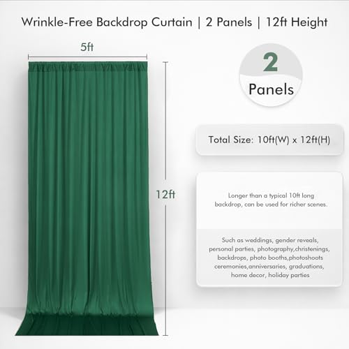 10ftx12ft Wrinkle Free Hunter Green Backdrop Curtain, 2 Panels 12FT Height Wedding Backdrop Drapes, Silky Polyester Back Drop Cloth for Birthday Photography Background Party Backdrop Draping - color: Hunter Green, size: (W)5ft x (H)12ft (2 Panel)