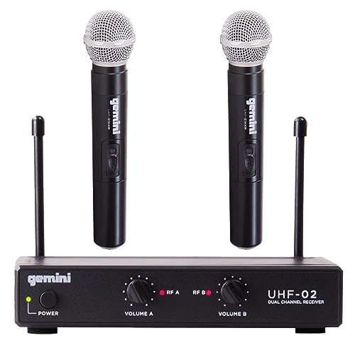 Gemini Dual-Channel UHF Handheld Microphone System (UHF-02M-S12) | Dual-channel UHF handheld mics, 517-521 MHz - 150 ft range - dual volume controls - auto-pair, ABS
