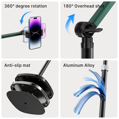 Magnetic Overhead Phone Mount, Cell Phone Stand for Video Recording, 360 Degrees Swivel Tilt Adjustable Floor Camera Filming Tripod. Content Creator Phone Holder, for iPhone/Android (L11-CX)