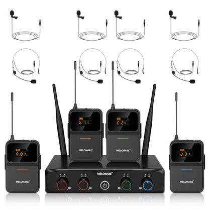 MELONARE 4-Channel Wireless Microphone System,UHF Compact Cordless Mic Set w/ 4x10 Frequencies, 200ft Range, 4 Bodypacks & Headset/Lapel Microphones for Singing, Church, Conference (MWM-41-4B) - size: 4 Bodypack Mics