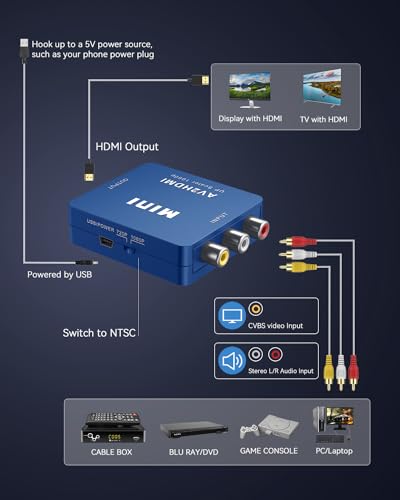 ABLEWE RCA to HDMI,AV to HDMI Converter, 1080P Mini RCA Composite CVBS Video Audio Converter Adapter Supporting PAL/NTSC for TV/PC/ PS3/ STB/Xbox VHS/VCR/Blue-Ray DVD Players, Blue - color: Blue