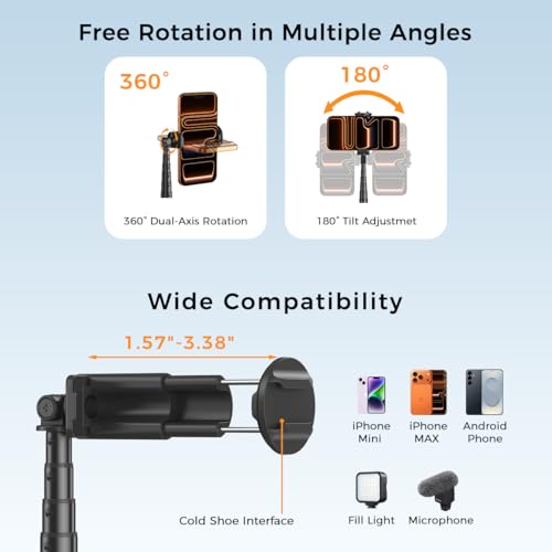 65" Automatic Phone Tripod,Auto-Open and Close Selfie Stick Tripod with Remote, Extendable Cell Phone Stand for iPhone & Android,Lightweight Selfie Stick for Creators,Vloggers,Travel,YouTube