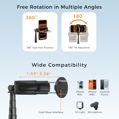 65" Automatic Phone Tripod,Auto-Open and Close Selfie Stick Tripod with Remote, Extendable Cell Phone Stand for iPhone & Android,Lightweight Selfie Stick for Creators,Vloggers,Travel,YouTube