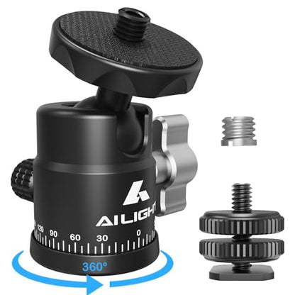 Ailight Mini Ball Head, 360° Panoramic Tripod Head, Universal 1/4" to 3/8" Screw Adapter Swivel Ball Head Tripod Mount, Dual Cold Shoe Mount for DSLR Cameras Camcorder Light Photograph Accessories - size: 1 pack