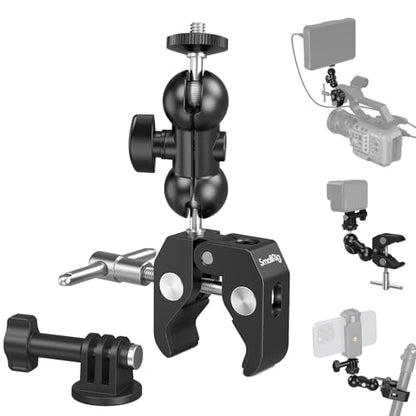SMALLRIG Super Camera Clamp Mount, Double Ball Head Magic Arm Adapter, Fence/Desk/Tripod Mount for Monitor/Light/Camera, for Insta360, for Gopro - style: Clamp