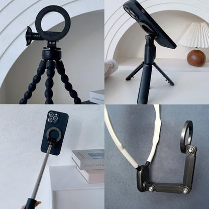 Magnetic Tripod Phone Holder Mount Adapter for MagSafe iPhone Gopro Jaws Flex Clamp Mount Action Camera Tripod Wrist Strap Mounts Selfie Stick Chest Mount Harness Backpack Mounting Clip
