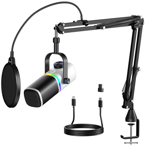 Aokeo AK-10 USB Gaming Microphone with mic arm, Condenser Microphone for PC/MAC/PS4/PS5/Phone-Cardioid Mic with RGB Lighting（White） - color: Ivory