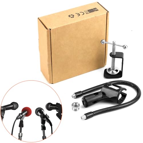 QWORK Gooseneck Microphone Stand 13 Inch, Clamp-On Desktop Mic Stand with 360° Flexible Arm, Heavy-Duty Desk Mount, 3/8" to 5/8" Adapter & Mic Clip for Podcasting, Streaming, Podium
