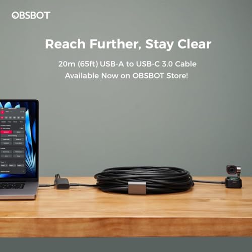 OBSBOT USB-A to USB-C 3.0 Cable 65ft/20m, Webcam Cable, Ultra HD 4K High-Speed Data Transfer, Compatibility Tiny 3/Tiny 3 Lite/Tail Air/Tiny 2/Meet 2/Tiny 2 LIte/Tiny SE/Meet SE