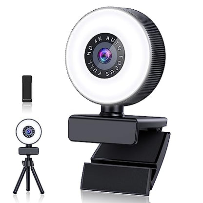 4K HD Autofocus Webcam with Microphone, Adjustable Light and Privacy Cover, Plug and Play USB for Laptop/Desktop Video Calling