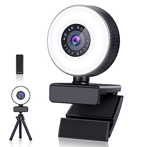 4K HD Autofocus Webcam with Microphone, Adjustable Light and Privacy Cover, Plug and Play USB for Laptop/Desktop Video Calling