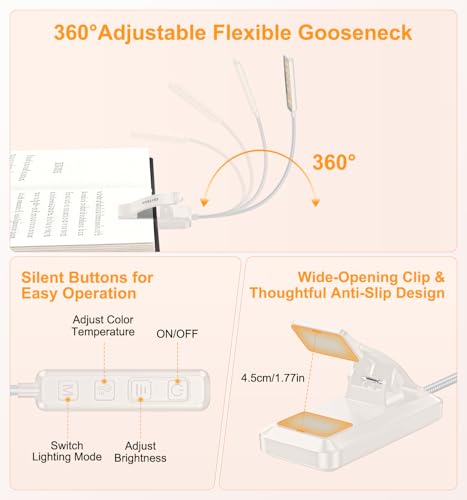 Gritin 2026 Gen 2 Book Light for Reading- 30 Eye Caring Full Spectrum LED | 5 Colors & 5 Brightness, Adjustable Wide/Narrow Beam, Upgrade 1500mAh Long-Lasting Rechargeable Clip on Light-White - color: White