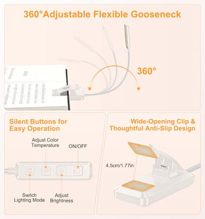 Gritin 2026 Gen 2 Book Light for Reading- 30 Eye Caring Full Spectrum LED | 5 Colors & 5 Brightness, Adjustable Wide/Narrow Beam, Upgrade 1500mAh Long-Lasting Rechargeable Clip on Light-White - color: White