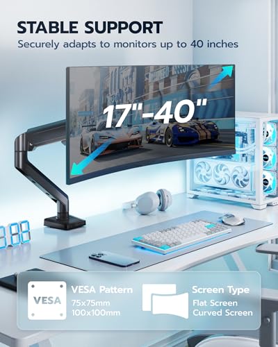 ARES WING Heavy Duty Single Monitor Arm - Fully Adjustable Monitor Mount for 17"-40" Ultrawide Screens up to 26.4 lbs with Clamp/Grommet Desk Mount, 75/100 Vesa Mount, Black - color: Black, style: Non USB