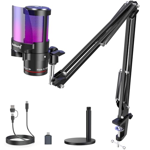 ZealSound Gaming Microphone for PC/Mac/iPhone/Phone – 192kHz/24-bit Podcast Mic with Noise Reduction, Tap-to-Mute, Gain, Monitoring, Boom Arm, Pop Filter, RGB Lighting for Streaming, Gaming, Recording - color: Gradient