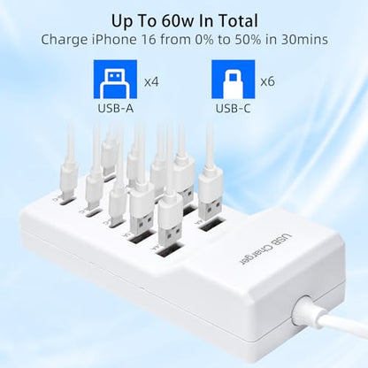 USB Fast Charger, 10-Port Portable Charging Station, Suitable for Various Devices, Compatible with iPhone, iPad, Samsung, Google, Xiaomi, Huawei and Other USB Charging Devices - color: White2