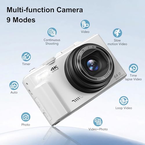 4K Digital Camera for Photography, 64MP Vlogging Camera for YouTube with 3" 180° Flip Screen, 18X Digital Zoom Point and Shoot Camara with 32GB Micro SD Card for Beginner (White) - color: YL15-W08-C-White