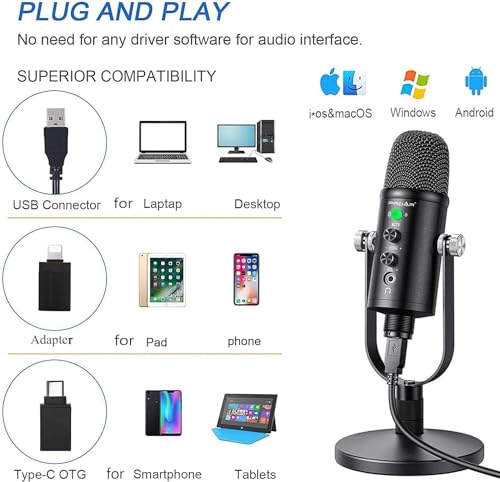 Microphone for Podcast, USB Microphone Kit for Phone, PC/Micro/Mac/Android,Professional Plug&Play Studio Mic with Stand for Gaming, Online Chatting, Videos, Voice Overs, Streaming - color: black A