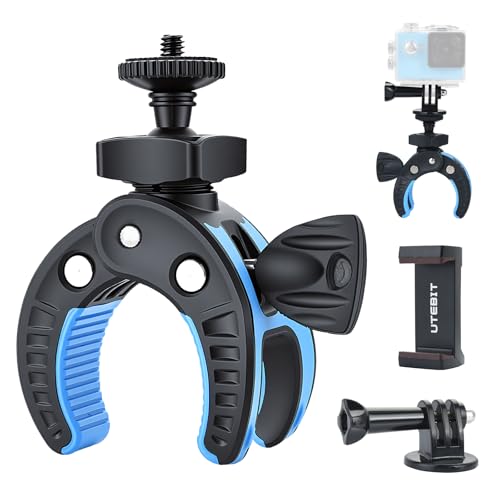 UTEBIT Camera Clamp Mount, Large Clamp Opening Aluminum Alloy Clip Mount, 360° Rotation Shockproof & Anti-Slip Action Camera Clamp with 3/8" to 1/4" Reducer Nut for DSLRs Smartphones Black/Blue - color: Black + Blue