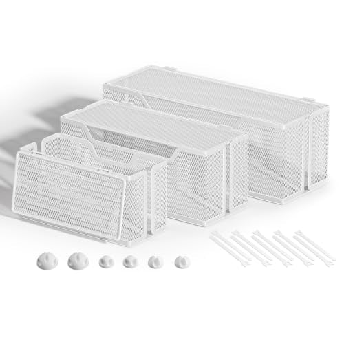 3 Pack Cable Management Box, Metal Mesh Cord Organizer Box for TV Wires, Electrical Hiding, Power Strip – Under Desk Cable Storage Box with Cable Clips&Reusable Cable Ties for HomeOffice - White - color: White