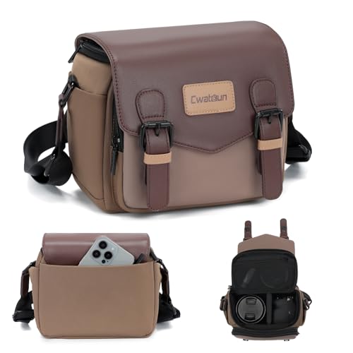 Cwatcun Camera Messenger Bag, Waterproof Flap Camera Crossbody Shoulder Case with Tripod Holder, Travel Photography Bag for Canon, Nikon, Sony, Fuji DSLR/SLR/Mirrorless Camera, Lens (Brown), S - color: Brown, size: S