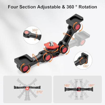 Dual Cold Shoe Mount, Extension Bar Universal Cold Shoe Adapter with Phone Holder Mount, 1/4" Thread Holes for Microphone,Led Video Light, Audio Recorder Monitors (68012)