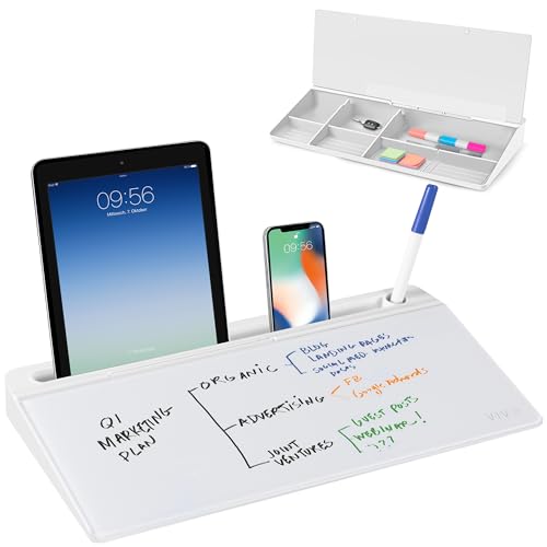 VIVO Glass 16 x 7 inch Dry Erase Board with Storage, Desktop Whiteboard Organizer with Hidden Compartments and Device Slot, DESK-WB16A - color: White