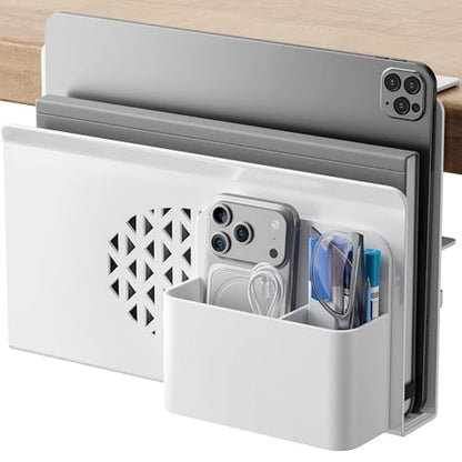 Desk Side Storage, Metal Laptop Holder with Magnetic Pen Box, Clamp-On Under Desk Organizer with Cooling Holes & Anti-Scratch Pads for Office and Home (White) - color: White