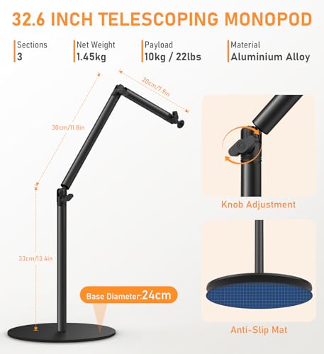Camera Round Base Mount Desk Stand, Flexible Aluminum Photography Floor-Standing Light Monopod Stand Phone Holder with 1/4" 3/8'' 5/8'' Screw for DSLR Camera, Light, Webcam, Live Streaming, Vlogging