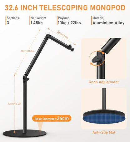 Camera Round Base Mount Desk Stand, Flexible Aluminum Photography Floor-Standing Light Monopod Stand Phone Holder with 1/4" 3/8'' 5/8'' Screw for DSLR Camera, Light, Webcam, Live Streaming, Vlogging