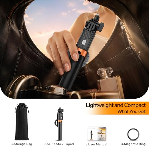Magnetic Selfie Stick Tripod with 1/4" Camera Mount, Dual Device Phone & Camera Setup, Portable Content Creator Stand with Remote Control Phone Tripod for TikTok Live Streaming Travel Video Recording