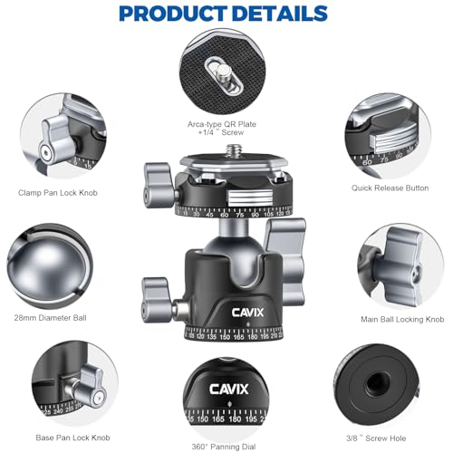 CAVIX 360° Rotating Panoramic Ball Head, Tripod Head Mount 1/4" & 3/8" with Arca Quick Release Plate, for DSLR Camera,Tripod,Monopod,Slider,Camcorder, 11 lbs/5kg Load - size: Ball Dia. 28mm
