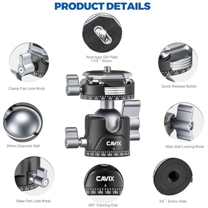 CAVIX 360° Rotating Panoramic Ball Head, Tripod Head Mount 1/4" & 3/8" with Arca Quick Release Plate, for DSLR Camera,Tripod,Monopod,Slider,Camcorder, 11 lbs/5kg Load - size: Ball Dia. 28mm