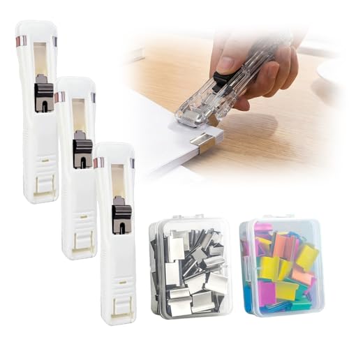 Portable Binder Clip Stapler, 2026 New Reusable Portable Paper Clam Clip Dispenser, 100 Metal Refill Clips (50 Silver + 50 Color) for Home, School, Desk Office (White-3PCS) - color: White-3pcs