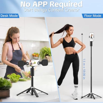 Auto Face Tracking Tripod for iPhone, Android & Camera, 60" Extendable Selfie Stick Tripod with Light and Remote, No App, 360° Rotation Phone Holder for TikTok, YouTube, Vlog, Live Streaming - style: update