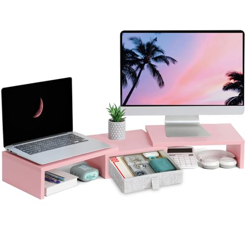 TEAMIX Pink Dual Monitor Stand Riser with Drawer - Length and Angle Adjustable Double Corner Desk Shelf Organizer 37 inch for 2 Laptop/PC/Screen/TV - color: Pink