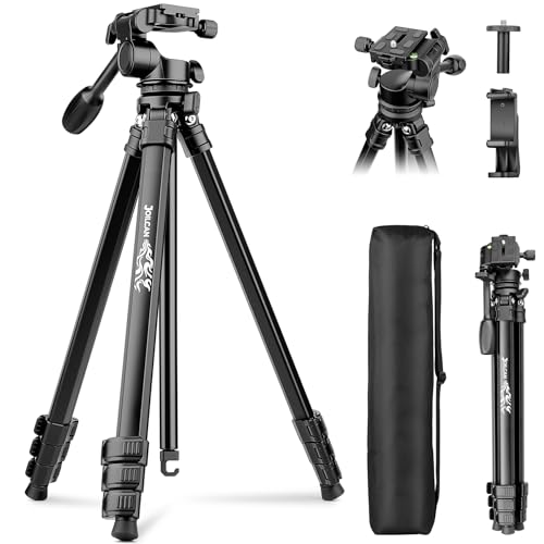 Joilcan 66" Travel Tripod for Camera, Aluminum Compact Tripod with Pan Head, Detachable Center Axis, Cell Phone Holder & Carry Bag, Max Load 22lbs for Camera DSLR Camcorders Spotting Scope iPhone - color: Metallic Black
