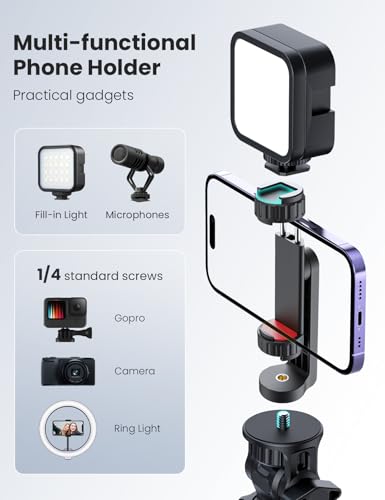 Phone Tripod Mount with 2 Cold Shoes, Smartphone Holder Adapter Rotatable Bracket with 1/4 inch Screw/Adjustable Clip for Video Live Streaming/Recronding