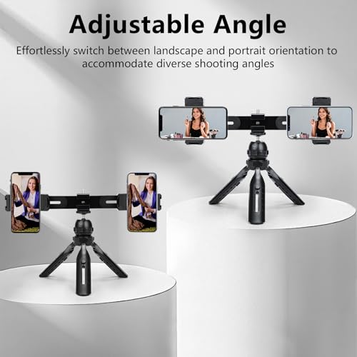 Multifunctional Smartphone Video Kit, with Universal Phone Desktop Tripod with Dual Phone Holders and 4 Cold Shoe mounts for vlogging, Live Streaming, Online Video Teaching, and conferences