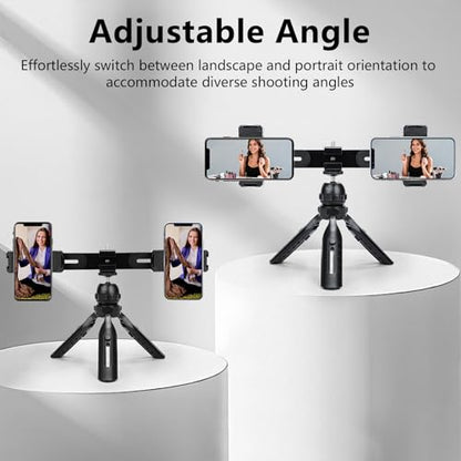 Multifunctional Smartphone Video Kit, with Universal Phone Desktop Tripod with Dual Phone Holders and 4 Cold Shoe mounts for vlogging, Live Streaming, Online Video Teaching, and conferences