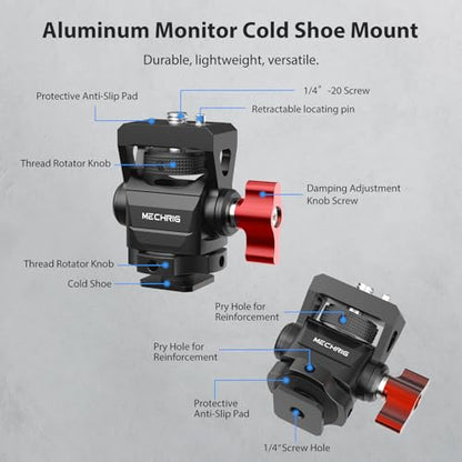 Camera Monitor Mount with Cold Shoe, Aluminum Cold Shoe Mount Adapter with 1/4″ Screw for LED Light Microphone Cage, Field Monitor Holder 360° Swivel & 180° Tilt Damping (63146) - style: With Knob - Cold Shoe Base