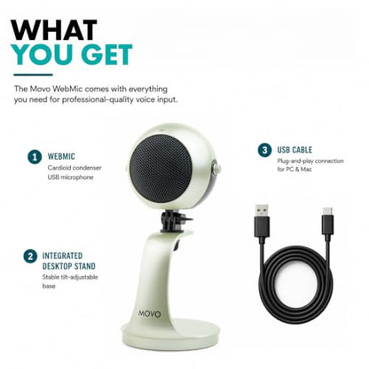 Movo WebMic USB Dictation Microphone in Silver – Cardioid for Vibe Coding | Cardioid Pickup Rejects Background Noise For Accurate Dictation. Gain Knob, Headphone Out, Mute. Desktop Stand, No Drivers. - color: Palladian Silver