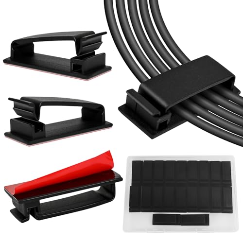 Self Adhesive Cable Management Clips, Line Clips, Cable Organizers, TV PC Line Clips, Ethernet Cable Clips Under Desks - Durable PA66 Material, Easy to Install (Black) (20)