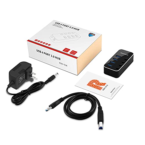Powered USB Hub, RSHTECH 4 Port USB 3.0 Hub Splitter Portable Aluminum USB Data Hub Expander with Individual On/Off Switch and Universal 5V AC Adapter, 3.3ft USB 3.0 Cable (RSH-516) - size: 4-Port Powered USB 3.0 Hub