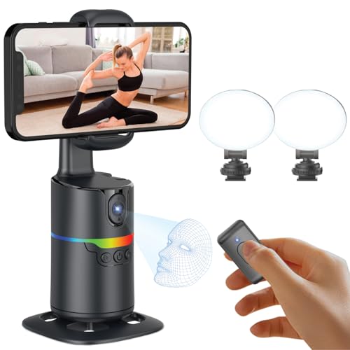 Auto Face Tracking Phone Stand, Desk Tripod Mount with 2 Fill Lights | 360 rotating holder follows you hands-free, gesture control, remote included, no app needed, fits iPhone and Android
