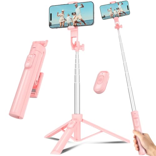 Selfie Stick Travel Tripod for Cell Phone with Remote Control and Phone Holder, Extendable Selfie Stick for iPhone, iPhone Tripod for Video Recording, 50 Inch, Pink - color: Pink, size: 50 Inch