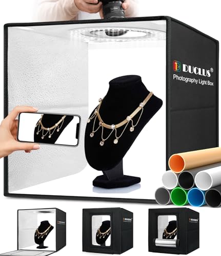 DUCLUS Light Box Photography, 16x16 Inch Photo Light Box with 160 Dimmable LED Lights (CRI 97+), 6 PVC & 2 Paper Backdrops, Portable Studio Box for Product Photography: Jewelry, Food, Shoes - size: 16*16 inch