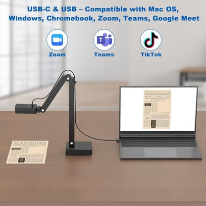 8MP USB Document Camera for Teachers and Classroom, Auto Focus 4K Doc Cam | A3 A4 Document, LED Light and Mic, Image Invert, Foldable Arm for Mac Windows Chromebook, for Live Demo Distance Learning