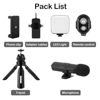Vlogging Kit for iPhone, Android with Tripod, Wireless Lavalier Microphone, Selfie Light, YouTube Starter kit Content Creator Equipment with for Video Conference, Vlogging, YouTube, TikTok